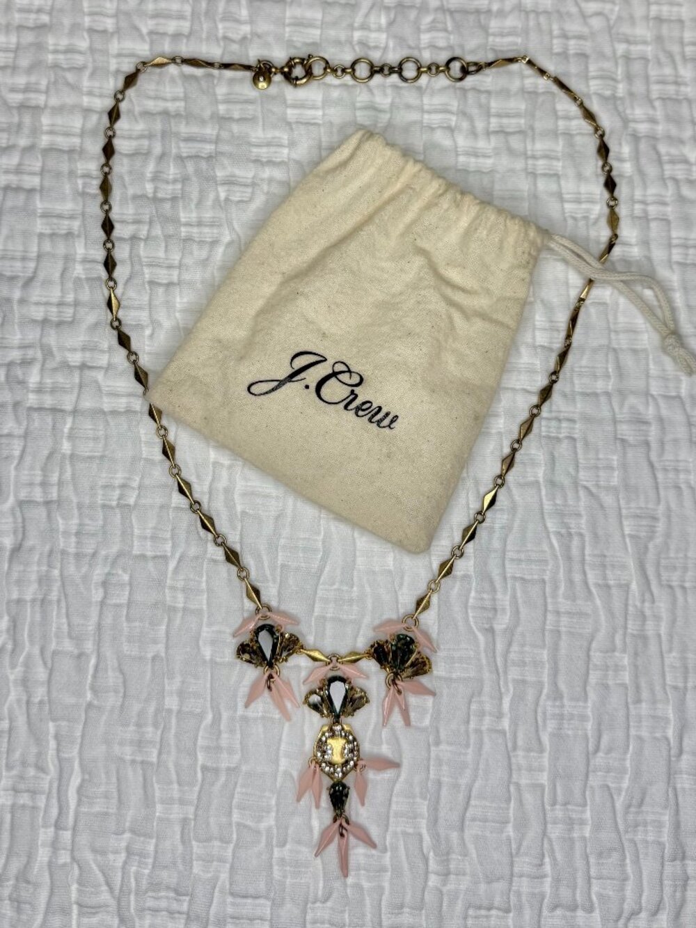 J.Crew Art Deco Necklace Gold Tone Spring Ring Closure Signed + Storage B